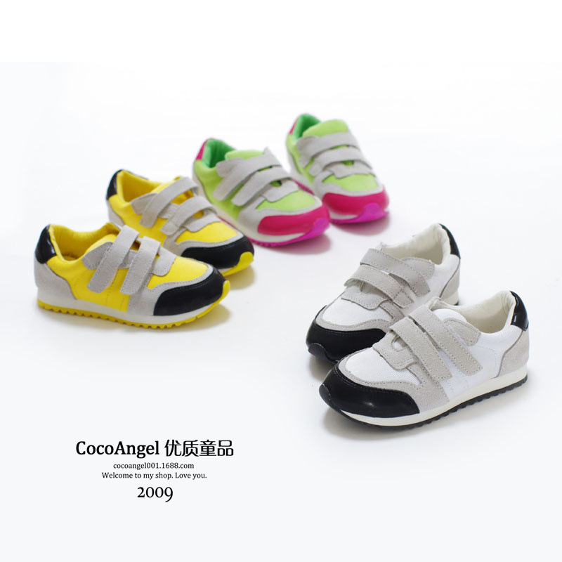 2014秋款 儿童休闲鞋 男童女童基本款魔术贴真皮帆布拼接运动鞋