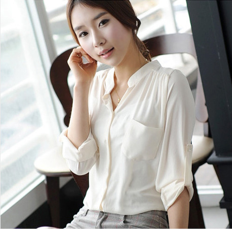 2014<em>春季女装</em>立领<em>长袖</em>韩版休闲雪纺<em>衬衫</em>新款