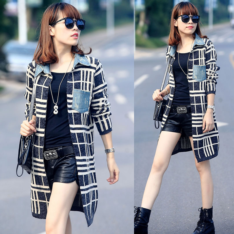 针织衫<em>女开衫</em>牛仔领<em>拼接长款</em>格子<em>毛衣</em>厚外套羊