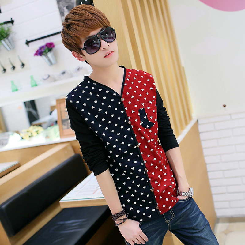 2014新款<em>男士开衫</em>拼接<em>T恤</em>长袖<em>T恤</em>全棉潮流时