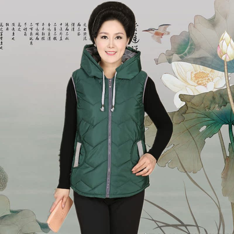<em>中老年女装马甲</em> 时尚妈妈冬装连帽<em>丝棉</em>背心 中