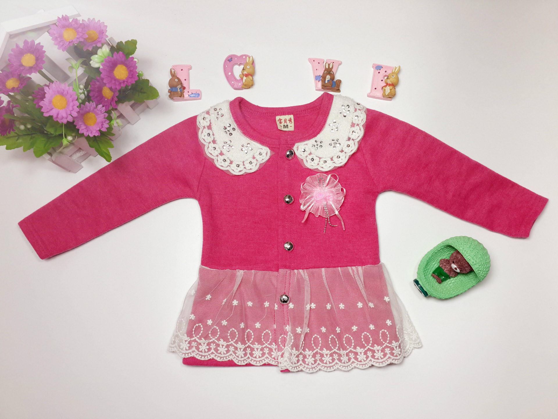 2014新款女童春装韩版公主<em>针织开衫</em>蕾丝花边