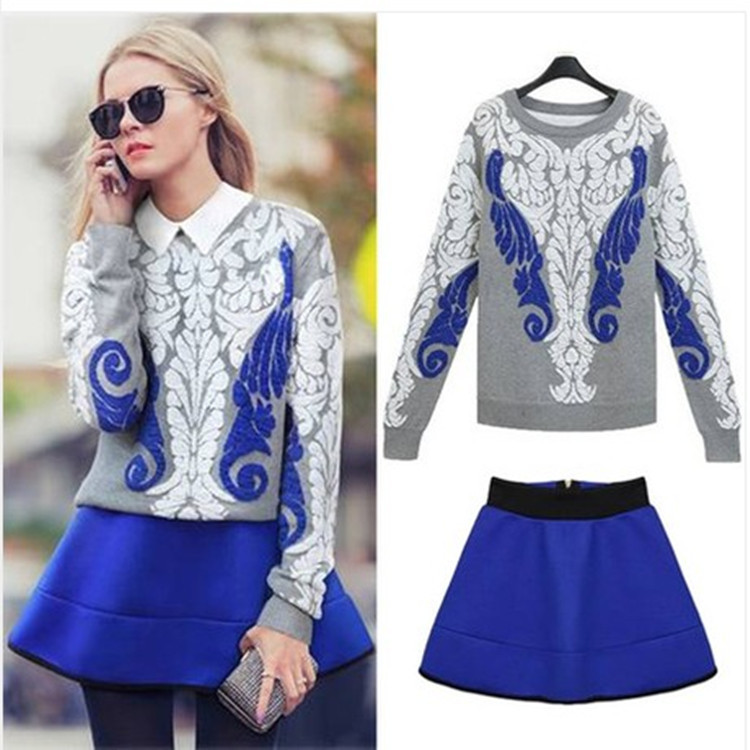 <em>欧洲站</em>2014<em>时尚</em>特色<em>套头毛衣</em>+高腰短裙套装 