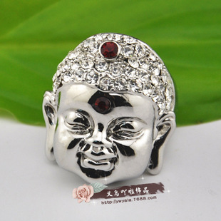 y4910 外贸宗教款式如来佛祖头像镶钻吉祥戒指 18k白金佛头饰品
