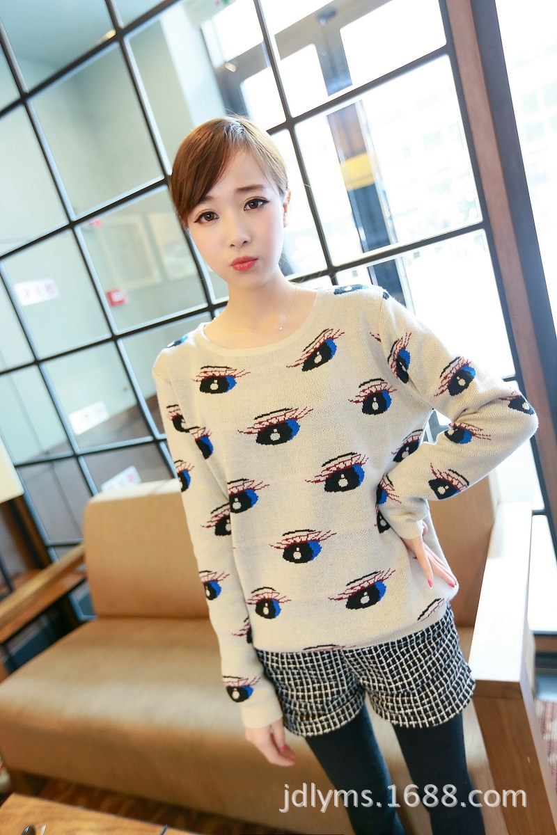 2014韩版新款圆领眼睛图案提花<em>女装</em>针织衫毛