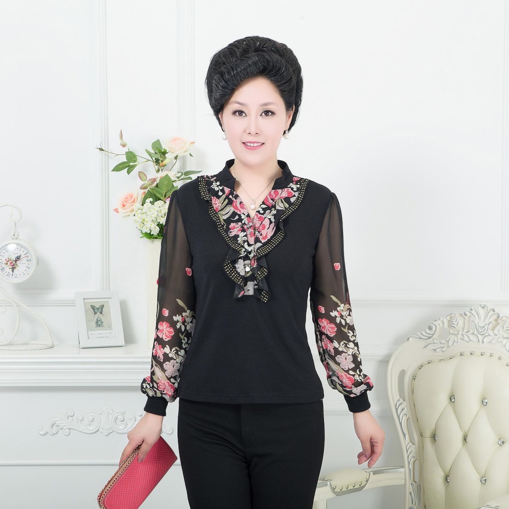 批发采购女式衬衫-新品2014秋韩版女装中年妈妈装修身显瘦棉花边领雪纺长袖T恤衫