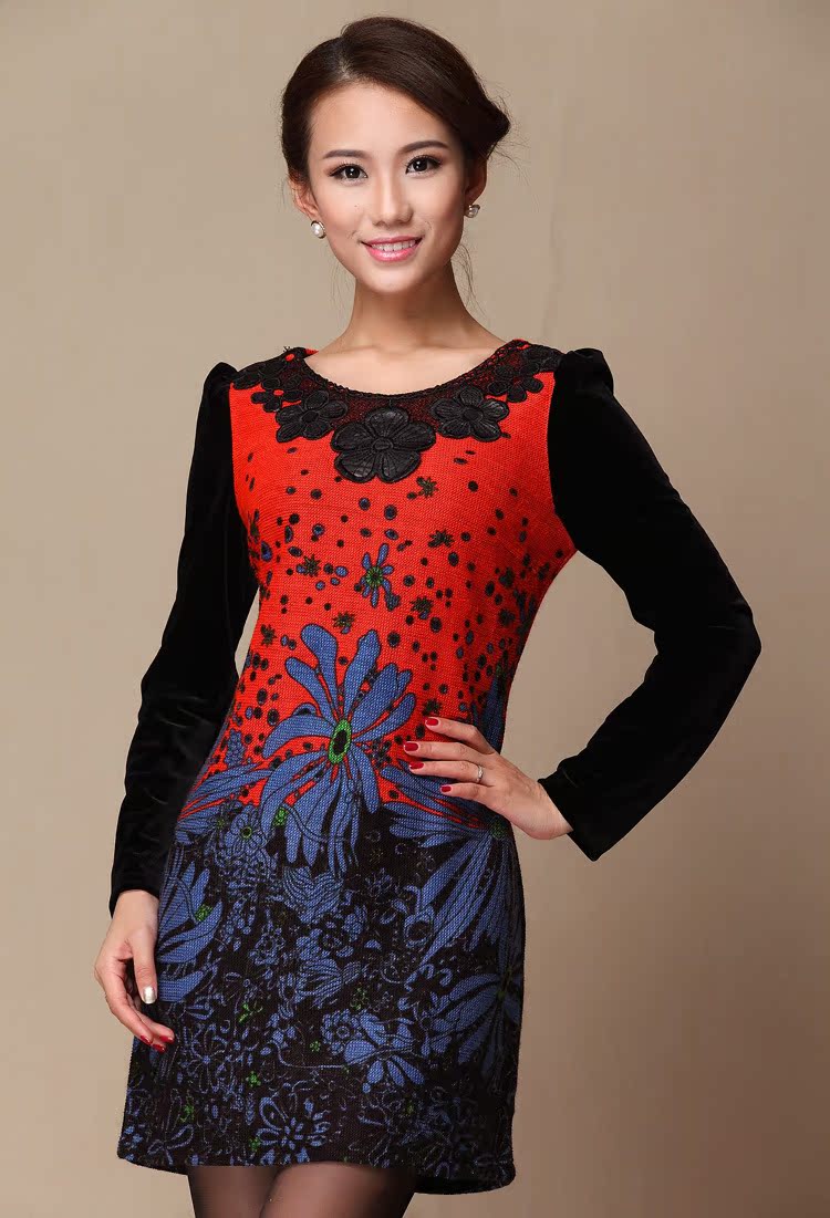 【DDER新款金丝绒印花拼接连衣裙批发 欧美