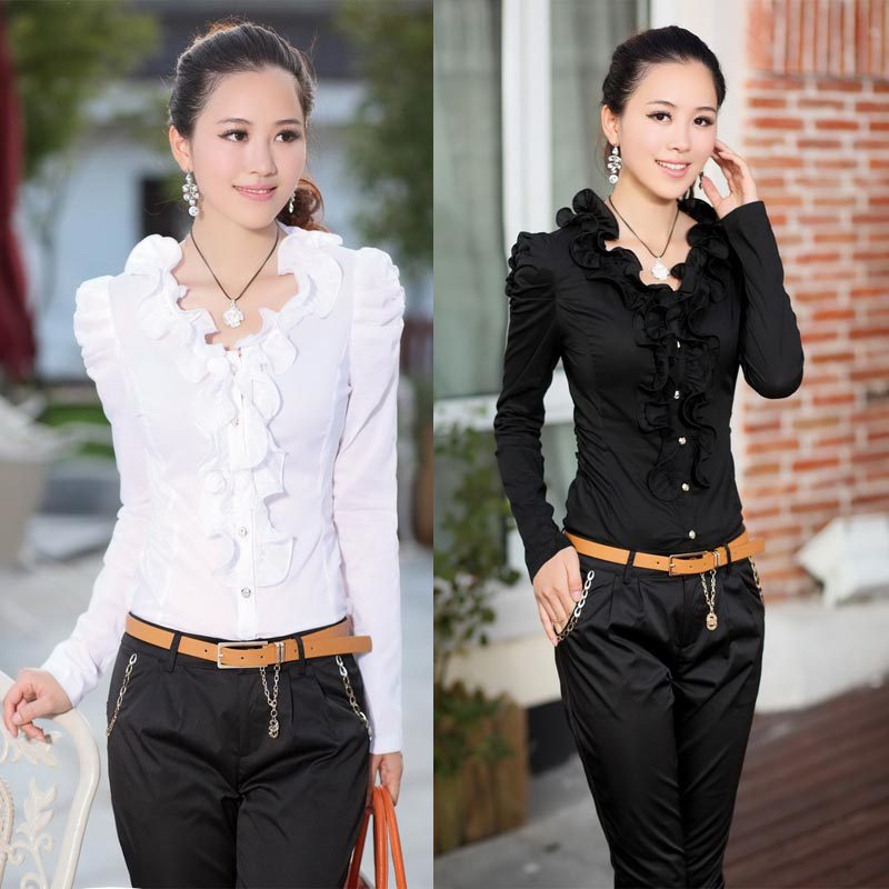 2014春秋装新款<em>女装</em>时尚<em>气质</em>花边领泡泡袖长