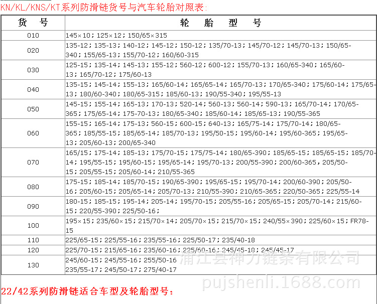 防滑链对照表