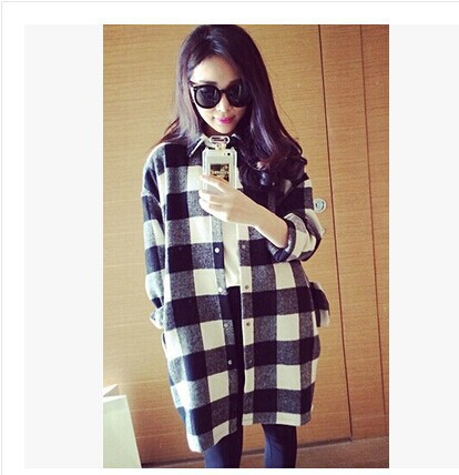 5188#2014<em>秋季</em>新款欧美 <em>女式</em>宽松格子<em>开衫中</em>