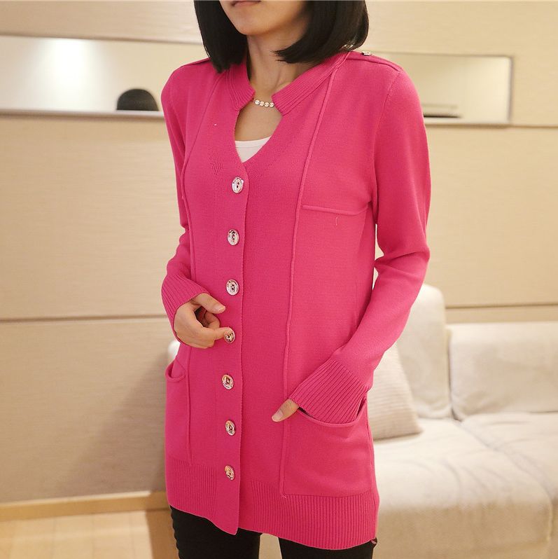 2014 春装女装欧美纽扣中长款<em>修身针织衫</em>长袖