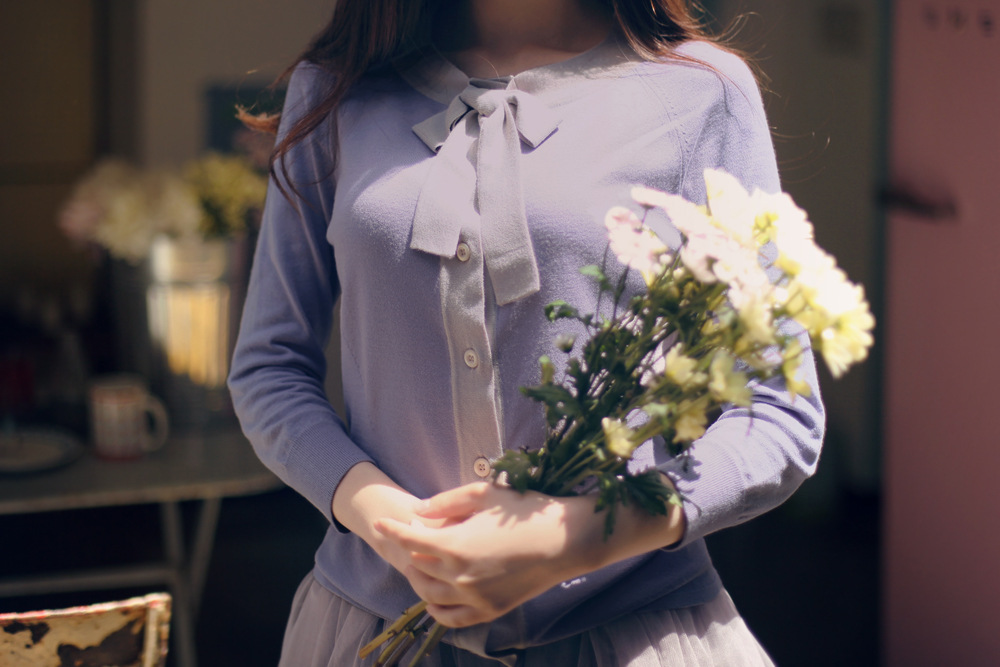 2014<em>韩国代购针织开衫</em>甜美可爱紫色 蝴蝶结系