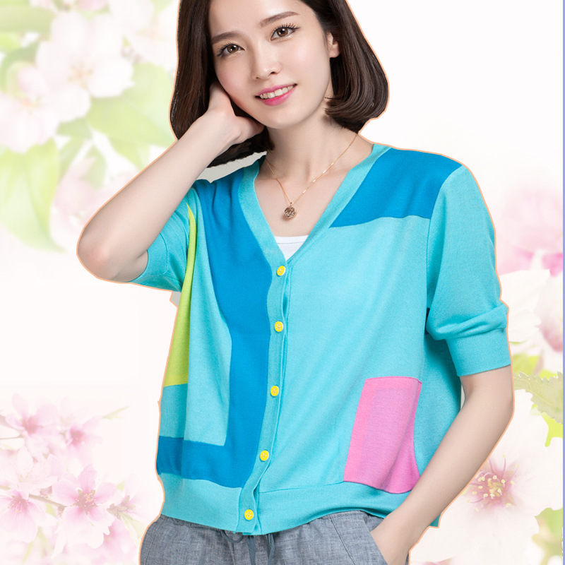 欧洲站夏季新品<em>女款</em> v领<em>针织衫开衫</em>短款外套撞