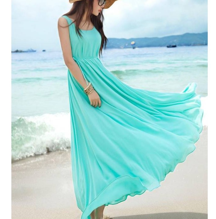 沙滩裙波西米亚<em>长裙</em>圆领雪纺连衣裙<em>夏装</em>海边度