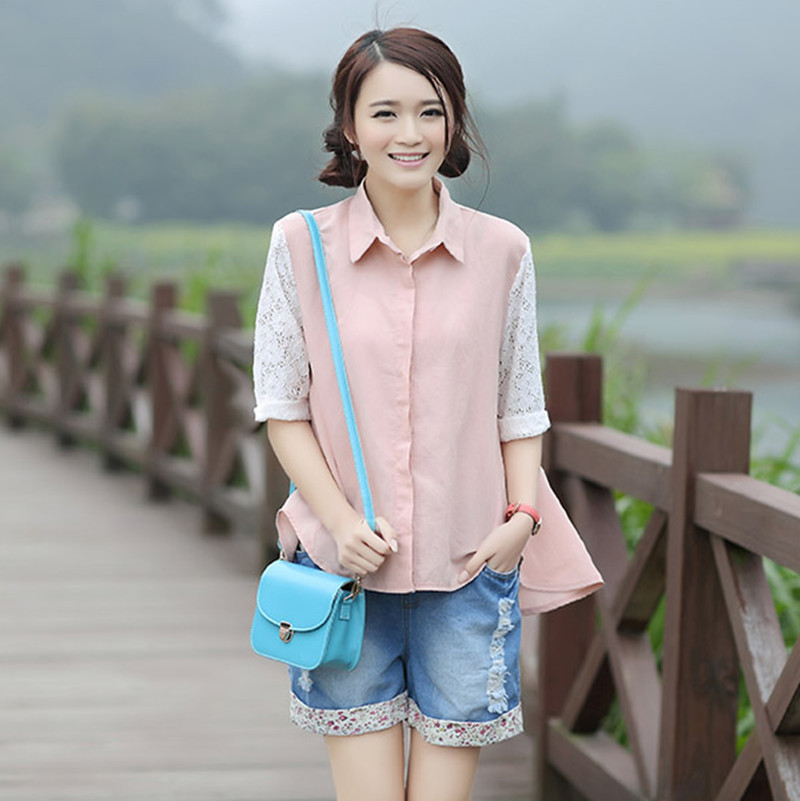 夏装新款韩版女装棉麻拼接蕾丝五分袖<em>衬衣女</em> 