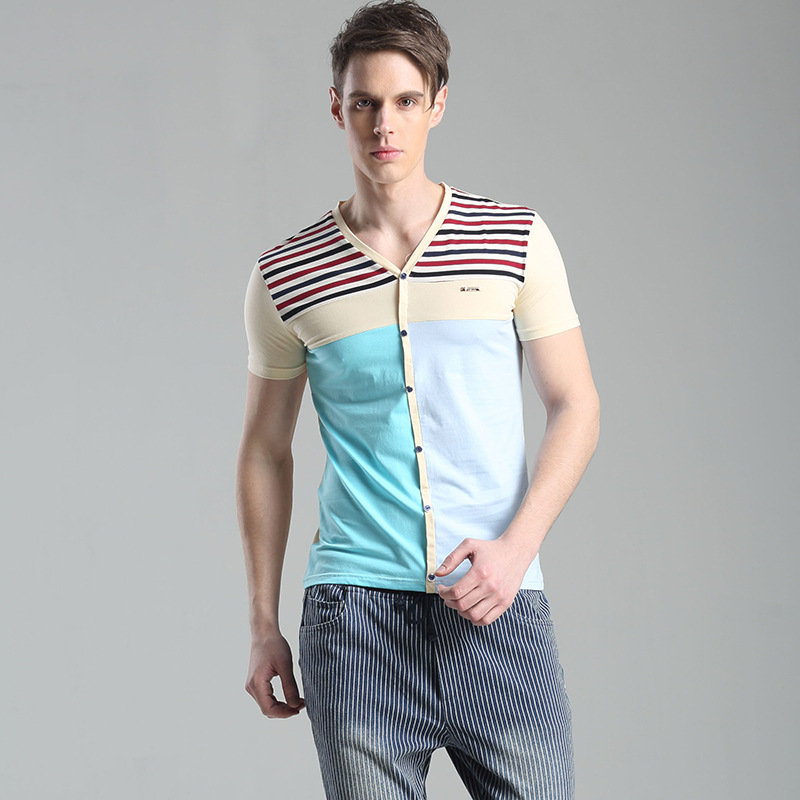 2014夏季新款翻领时尚款拼色条纹品质<em>开衫</em>纯