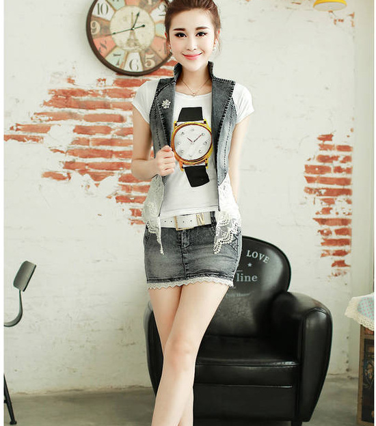 2014夏韩版蕾丝拼接<em>女牛仔套装</em>短袖T恤<em>马甲</em>短