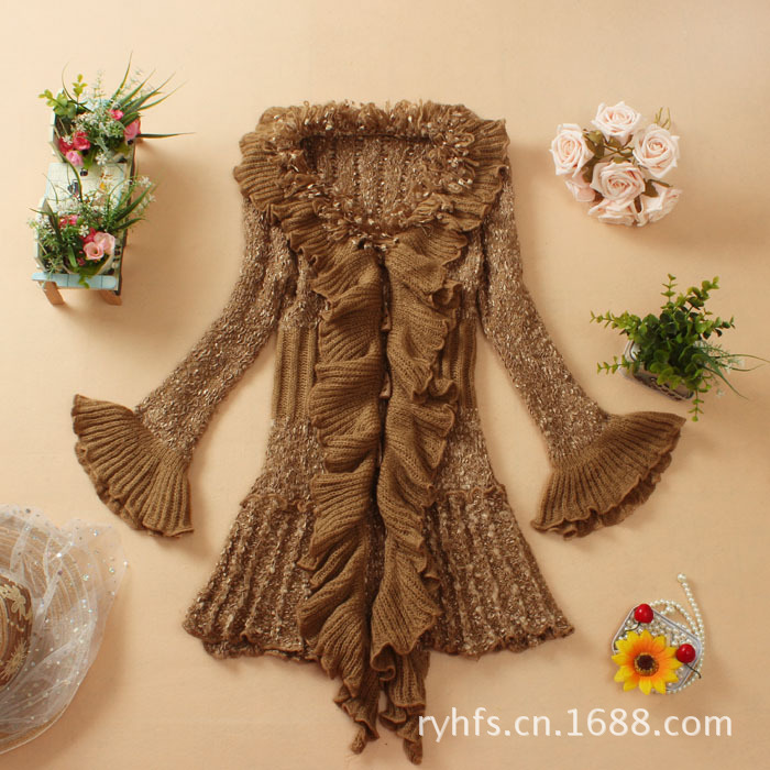 荷叶边<em>喇叭袖中长款</em>甜美修身女式<em>毛衣开衫外套</em>