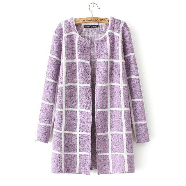 2014新款<em>韩版</em>清新格子<em>长款开衫毛衣</em>女装 A05