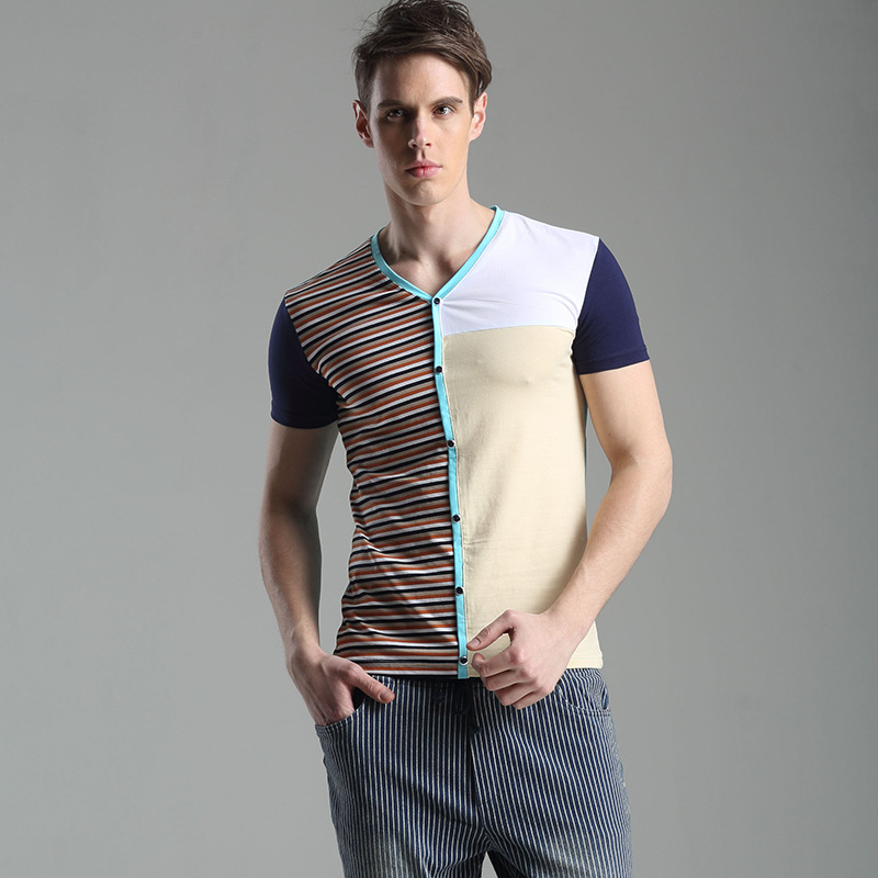 2014夏季新款V领时尚款拼色品质<em>开衫</em>纯棉透气