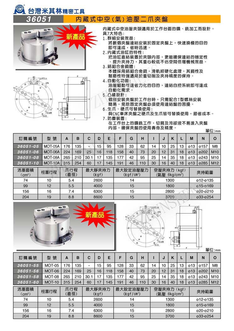 36051內藏式中空汽油壓二爪卡盤