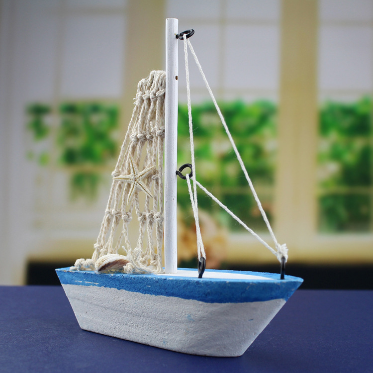 地中海实木手工帆船模型 棉网小帆船家居装饰品 木质工艺品摆件