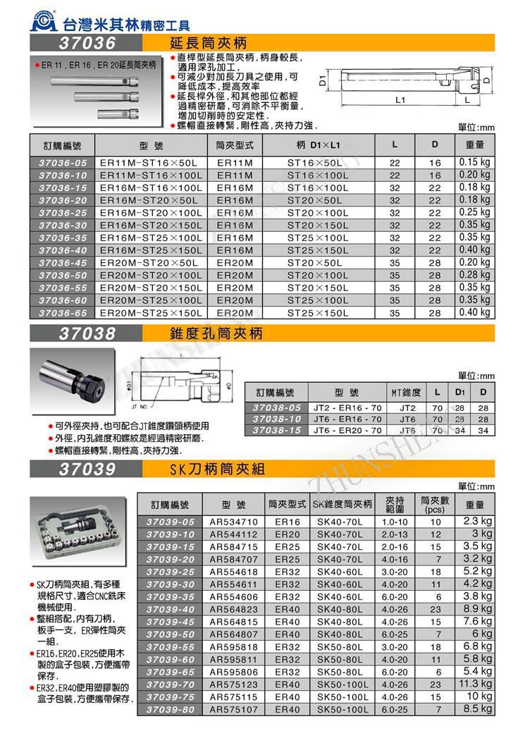 37036-37039 延长筒夹柄 SK刀柄筒夹组