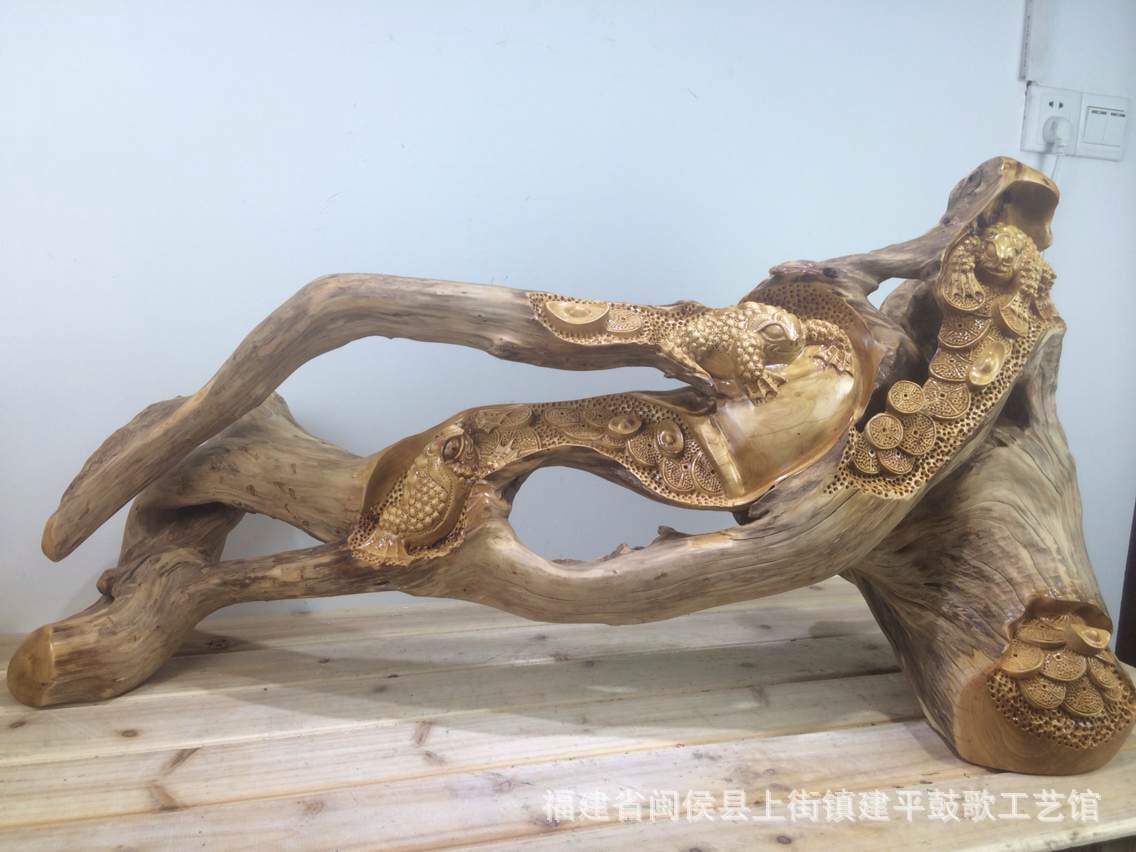 【鼓歌工艺】崖柏木雕 金蟾献宝 纯手工雕刻居家送礼高档摆件