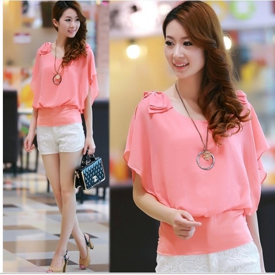 2014<em>夏装新款女装韩版</em>显瘦蝴蝶结上衣荷叶边