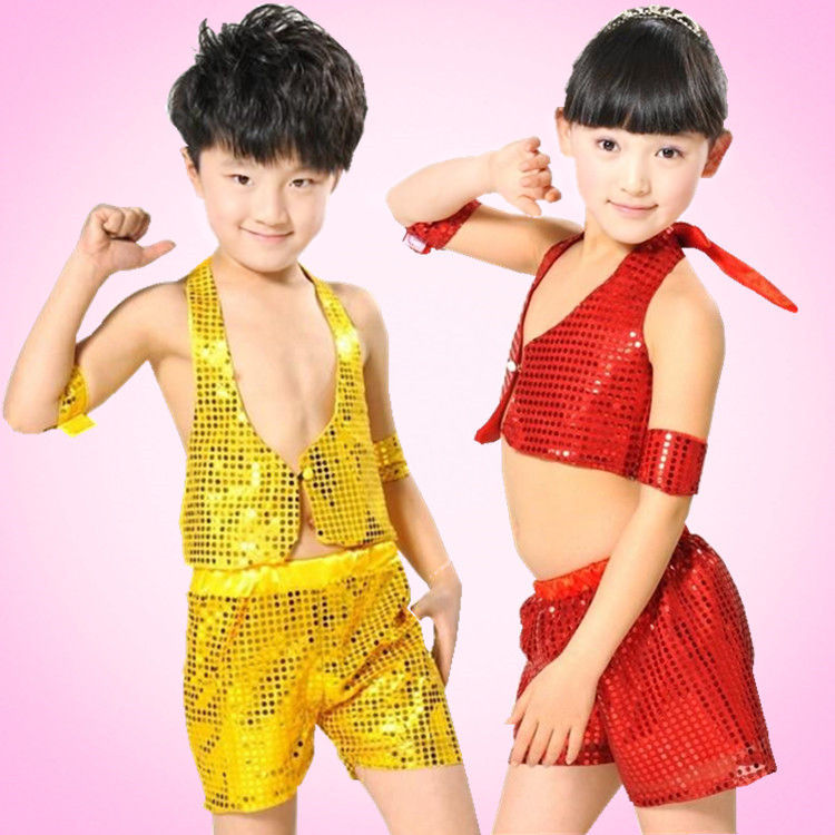 特价儿童演出服亮片马甲套装男童女幼儿现代舞练功服舞蹈服表演服