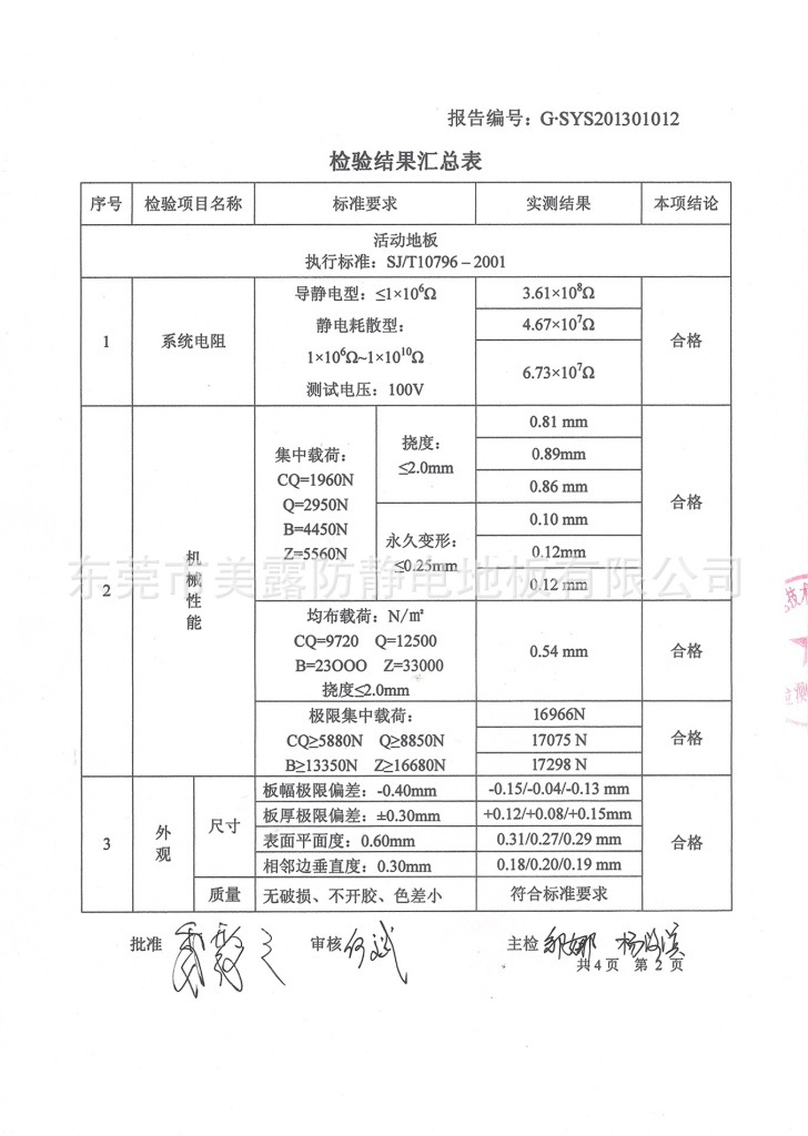 每露陶瓷防静电地板检测报告