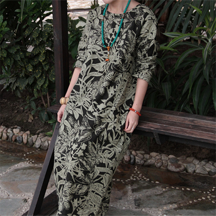 文艺2014春季新款圆领长袖亚麻连衣长裙 袍子