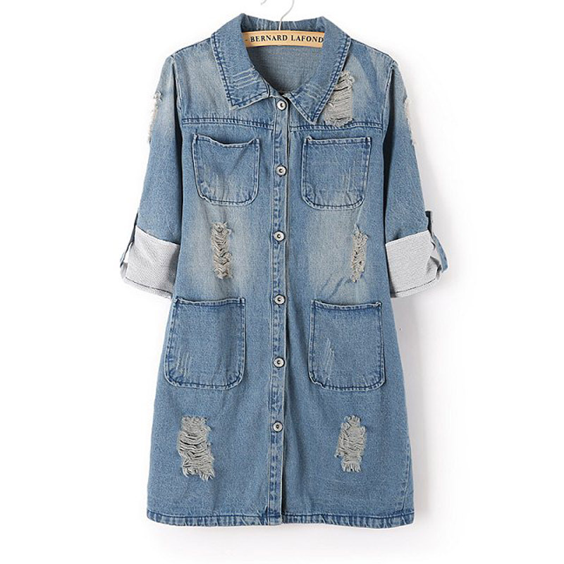 新款2014 牛仔外套 女 中长款 欧美风宽松破洞