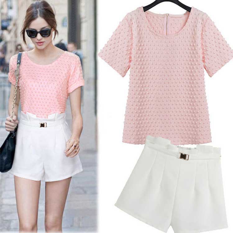 欧洲站2014夏装<em>新款</em>欧美粉色短袖<em>上衣</em>气质短