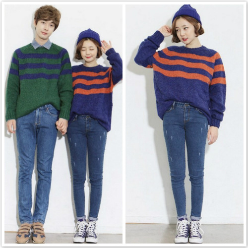 235# 春款 情侣装宽松套头针织<em>条纹毛衣 图片</em>_