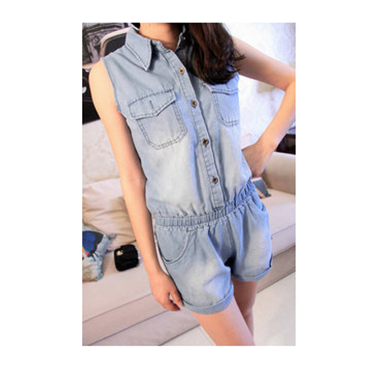 2014<em>夏季</em>女翻领无袖<em>牛仔</em>连体裤 <em>短裤</em>蓝色<em>连衣</em>