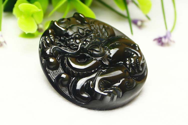 东海水晶 天然顶级冰彩冰种黑曜石龙牌吊坠 项坠批发 假一赔十