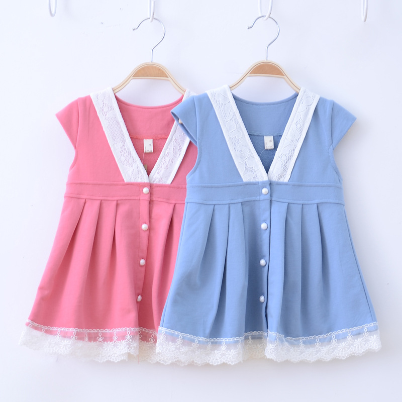 14年春款童装 儿童V领收褶短袖连衣裙 糖果色