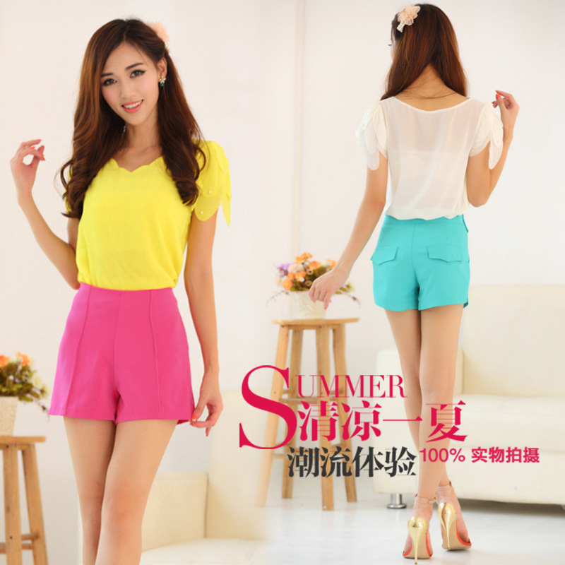 2014春夏新款百搭<em>女高腰短裤</em>头阔腿休闲短裤