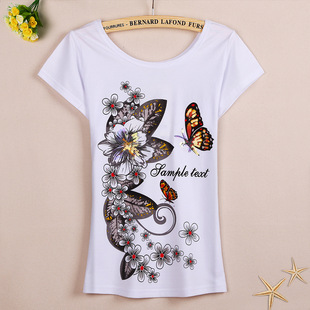 批发采购女式T恤-T13083民族风蝴蝶鲜花图案