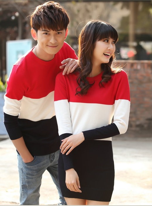 模特实拍 <em>2014</em>春季情侣装 <em>长款韩国</em>撞色<em>毛衣</em> 套