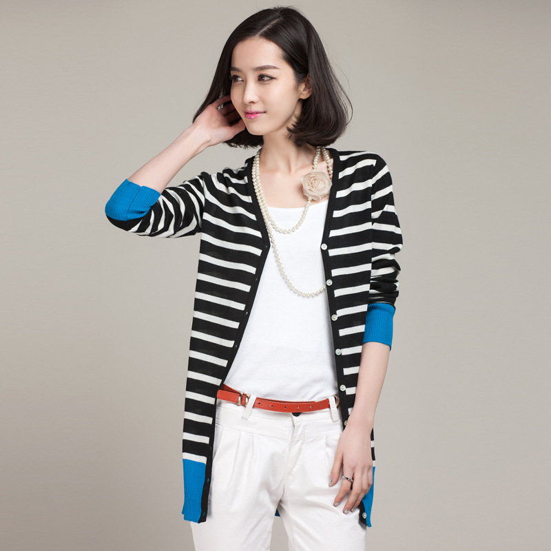2014春装最新款<em>针织衫</em>中<em>长款横条开衫</em>女韩版