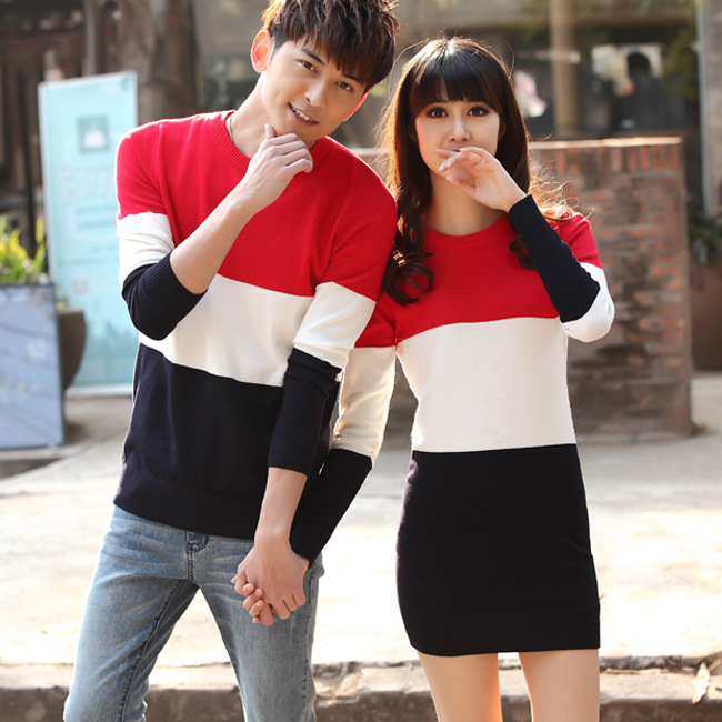 2014实拍新款<em>情侣</em>装长款韩国撞色<em>套头</em>修身情