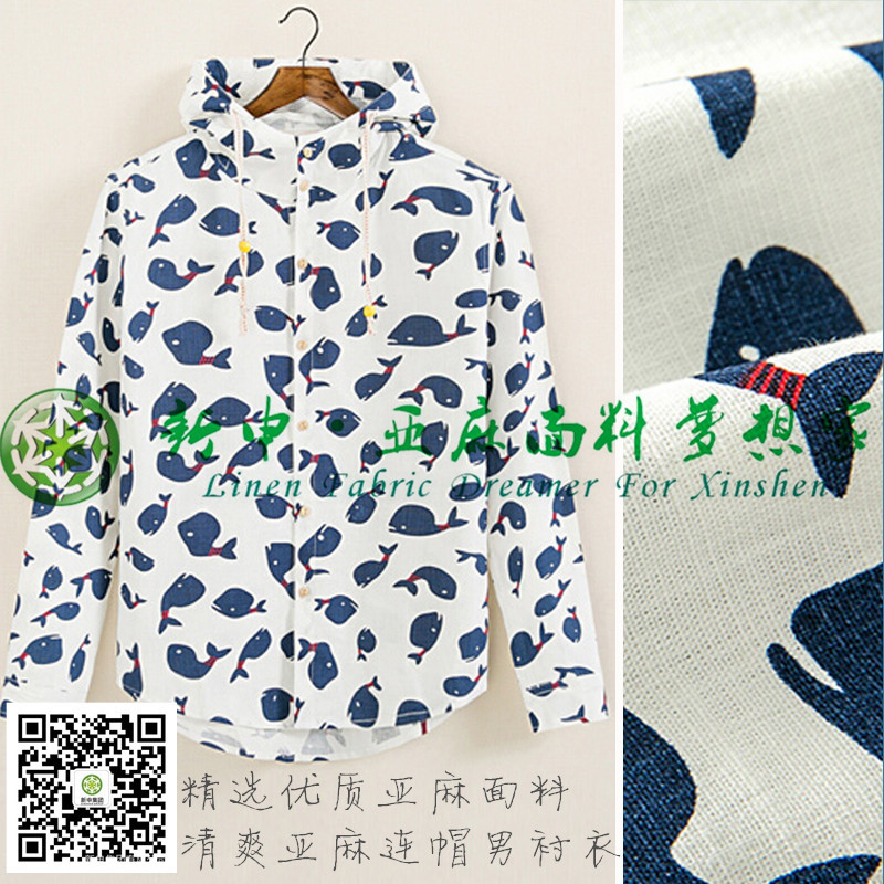 秋裝新品男裝小鯨魚清爽亞麻連帽男襯衫_副本