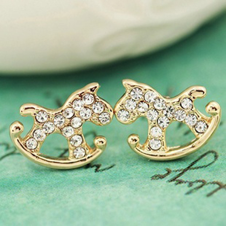 E462 韩国时尚耳环金色镶钻木马 小巧可爱耳环