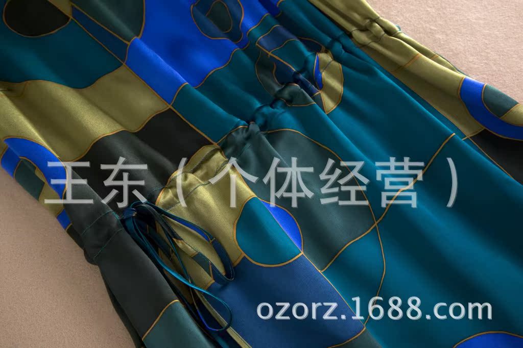 欧美外贸原单简洁有型侧边系带收腰印花纯真丝绸缎连衣