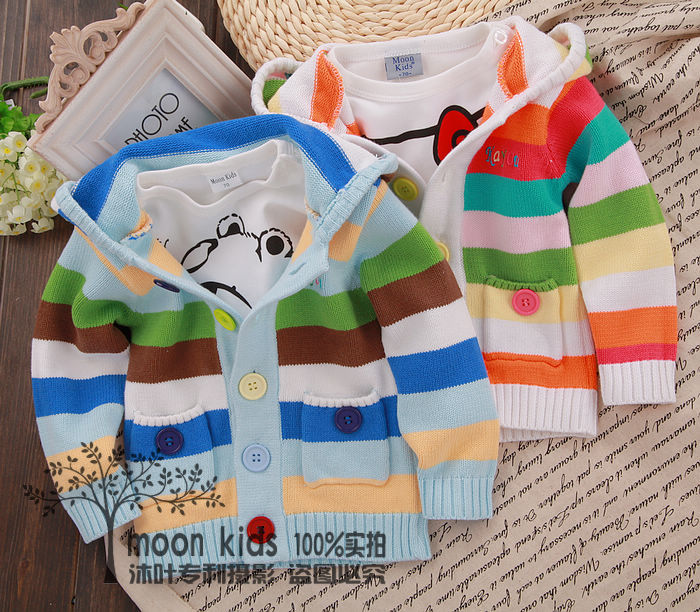 2014春季<em>女童</em>条纹毛衣<em>开衫连帽针织衫</em>宝宝外