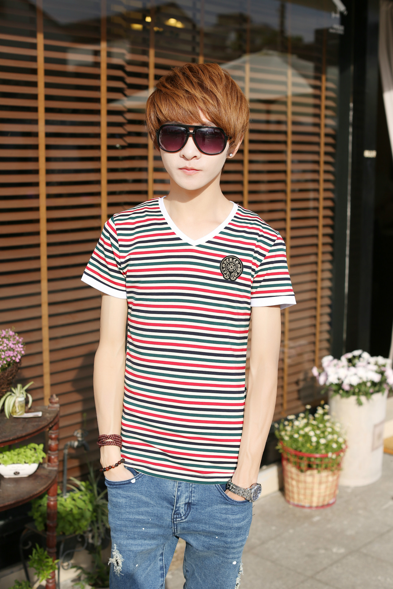 批发采购男式T恤-夏季新款多色条纹t恤 潮流修