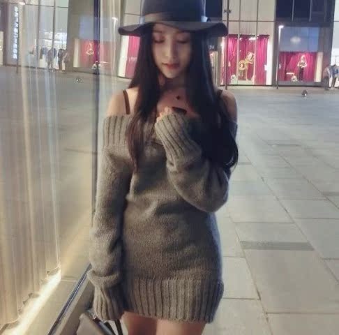 爆款 <em>露肩</em>一字<em>领</em>修身包臀针织<em>毛衣</em>连衣裙 <em>灰色</em>