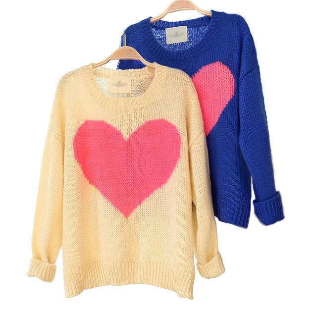 冬季新品甜美休闲红色爱心<em>圆领长袖针织毛衣</em> 